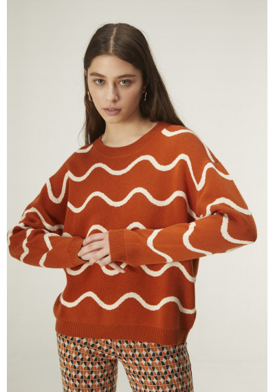 maglione color ruggine jacquard con onde panna
